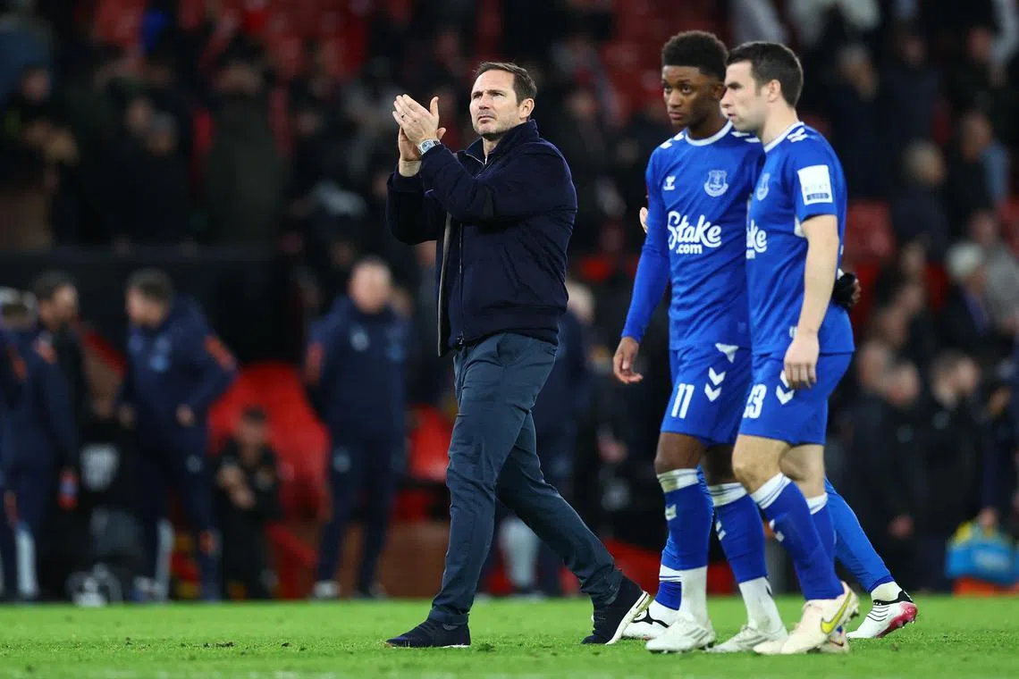 Everton manager Frank Lampard applauds fans after the FA Cup match against Manchester United.