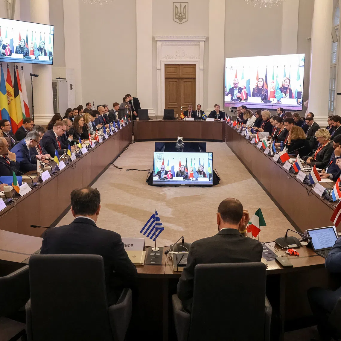 Delegates from European countries attend an informal meeting of European Union ministers of European affairs, amid Russia's attack on Ukraine, in Lviv, Ukraine December 11, 2025. REUTERS/Roman Baluk