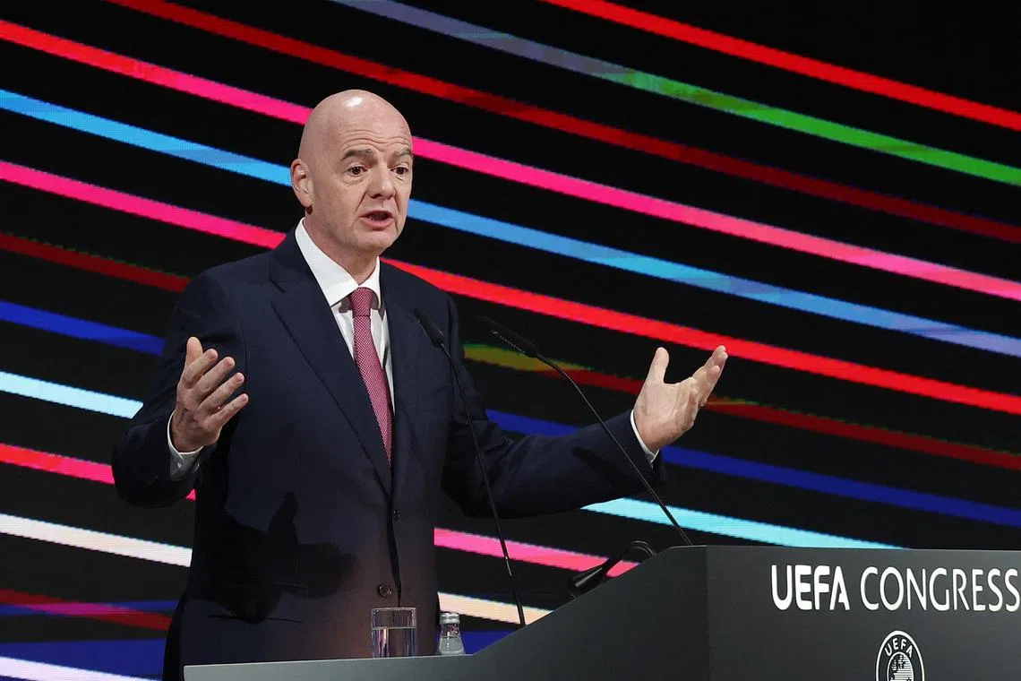 Soccer Football - 49th UEFA Ordinary Congress - Sava Congress Centar, Belgrade, Serbia - April 3, 2025 FIFA President Gianni Infantino during the congress REUTERS/Zorana Jevtic/File Photo