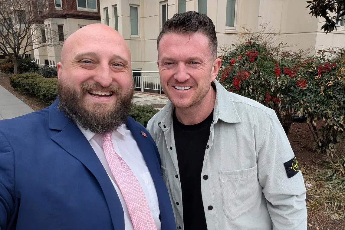 British far-right anti-Islam activist Tommy Robinson, whose real name is Stephen Yaxley-Lennon, poses for a photo with U.S. State Department official Joe Rittenhouse in Washington, D.C., U.S., February 25, 2026. Joe Rittenhouse via X/Handout via REUTERS