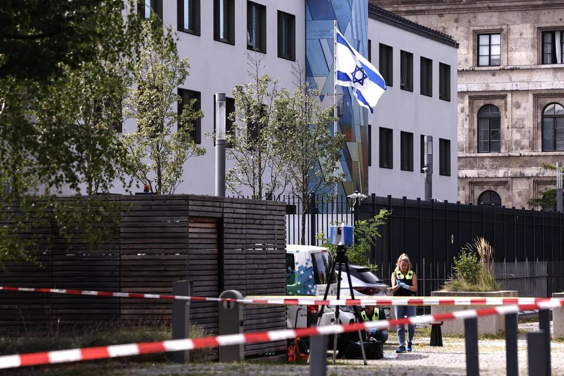 epa11586818 An Israeli flag flutters in front of the Israeli Consulate General building after a shooting near the NS Documentation Center for the History of National Socialism building in Munich, Germany, 05 September 2024. German police officers on 05 September shot a man who was carrying a firearm and opened fire near the Israeli Consulate General and the Nazi Documentation Center in Munich. According to the police, there is no evidence of any other suspects.  EPA-EFE/ANNA SZILAGYI