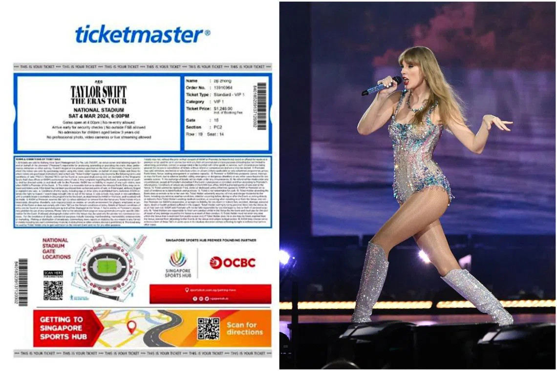 A screenshot of a purported VIP ticket to Taylor Swift's concert sent by the concert cheat to a woman, who had agreed to buy three tickets.