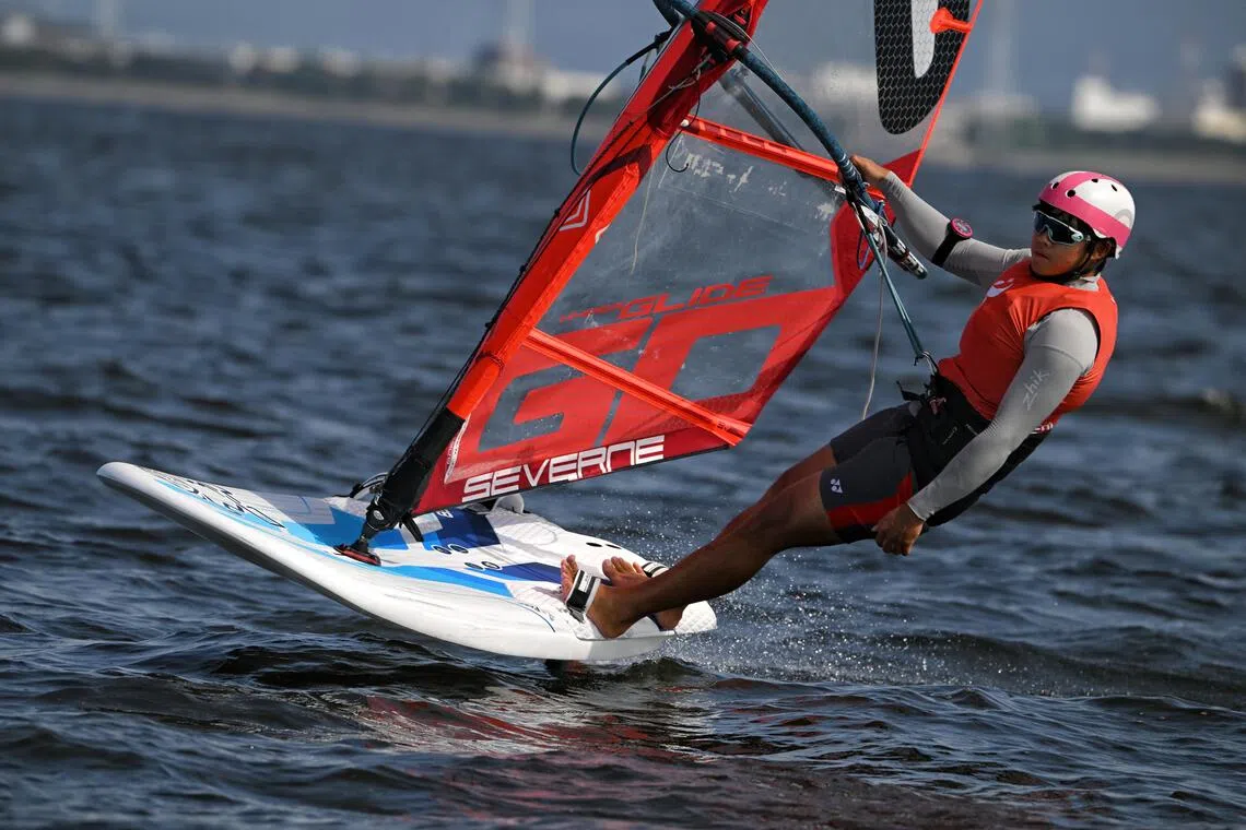 John Wong of Singapore in action during the Asian Games Boys? Windsurfing Final at the Kaiyoh Yacht Harbour on Oct 3, 2026.