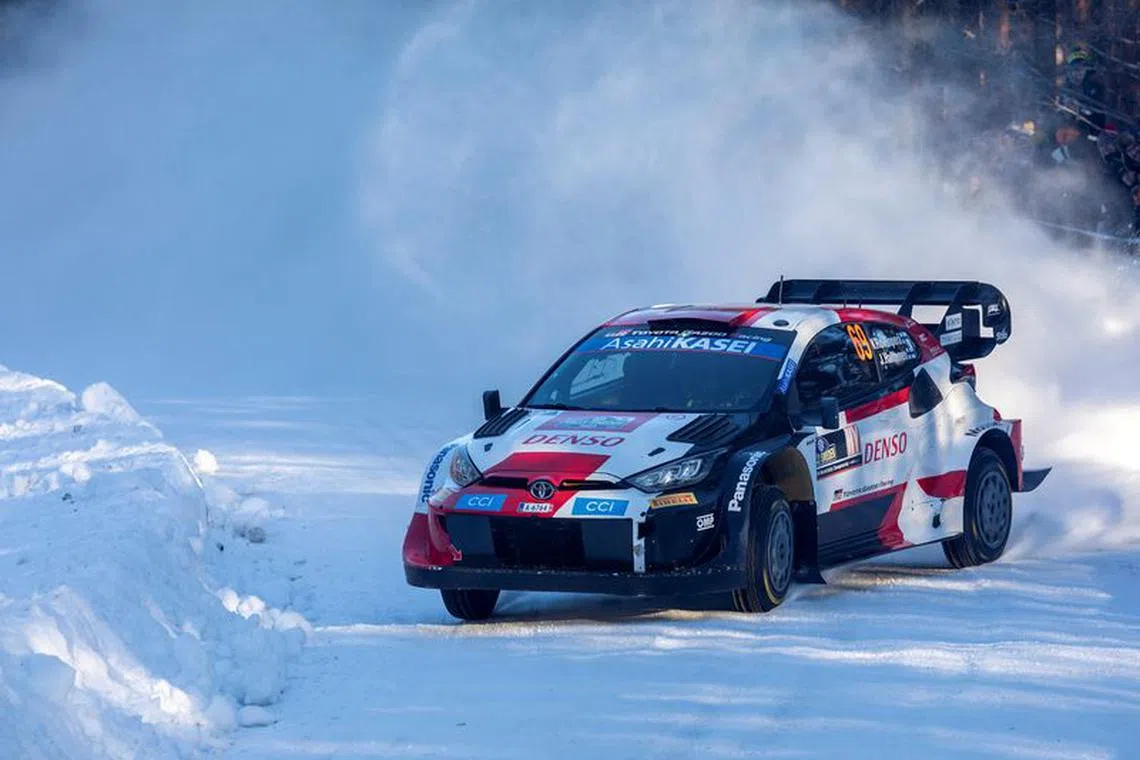 Rallying - World Rally Championship - Rally Sweden 2023 - Umea, Sweden - February 11, 2023 Kalle Rovanpera and co-driver Jonne Halttunen of Toyota Gazoo Racing WRT in action Micke Fransson/TT News Agency via REUTERS/File Photo