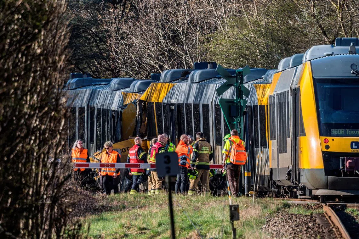 Two trains have collided between Hilleroed and Kagerup at Isteroedvejen, Thursday, April 23, 2026. Kagerup is located on the Gribskov Line between Hilleroed and Helsinge.  Ritzau Scanpix/Steven Knap via REUTERS    ATTENTION EDITORS - THIS IMAGE WAS PROVIDED BY A THIRD PARTY. DENMARK OUT. NO COMMERCIAL OR EDITORIAL SALES IN DENMARK.