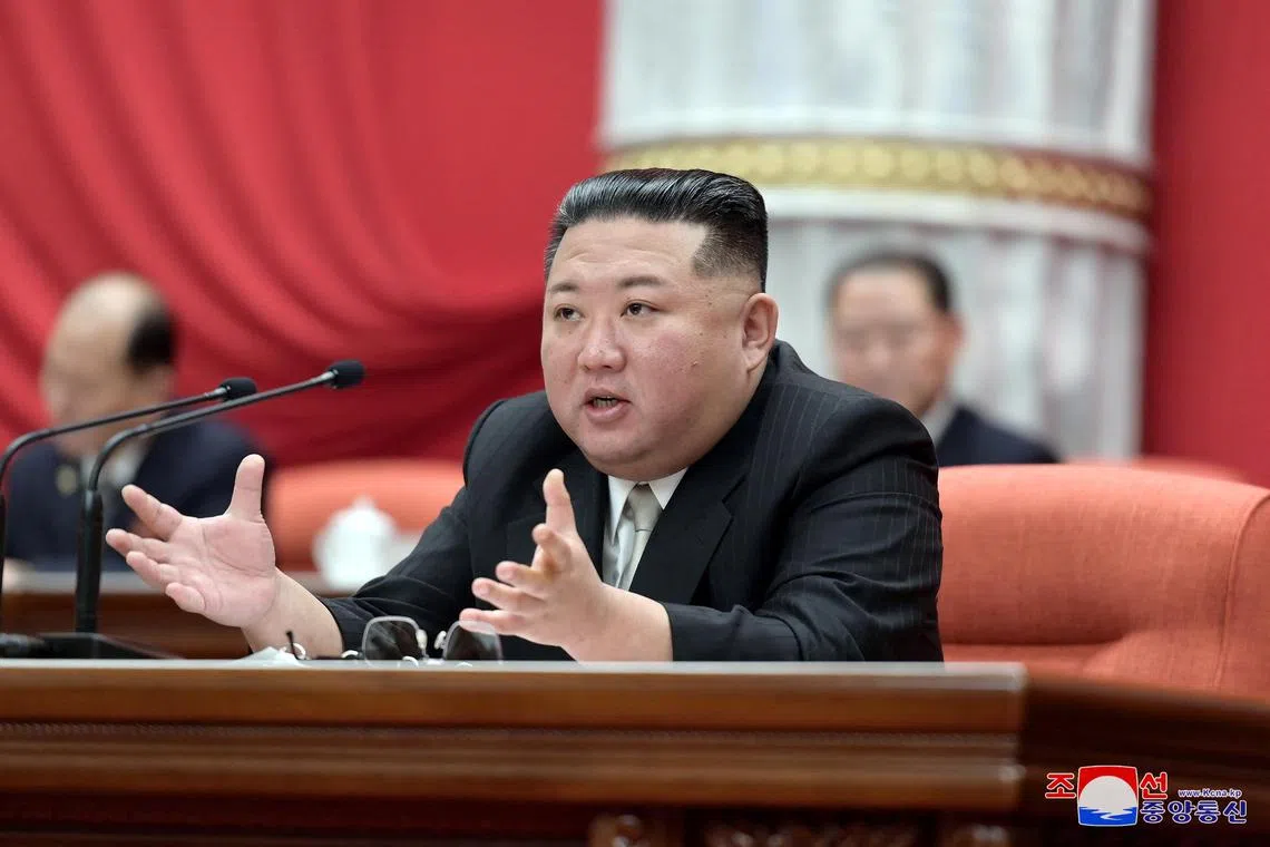 North Korean leader leader Kim Jong Un attends the third-day session of the sixth enlarged meeting of the eighth Central Committee of the Workers' Party of Korea in Pyongyang, North Korea, in this photo released on December 28, 2022 by North Korea's Korean Central News Agency (KCNA).   KCNA via REUTERS    ATTENTION EDITORS - THIS IMAGE WAS PROVIDED BY A THIRD PARTY. REUTERS IS UNABLE TO INDEPENDENTLY VERIFY THIS IMAGE. NO THIRD PARTY SALES. SOUTH KOREA OUT. NO COMMERCIAL OR EDITORIAL SALES IN SOUTH KOREA.