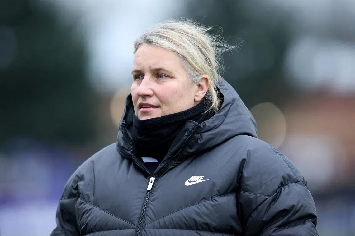 FILE PHOTO: Soccer Football - Women’s FA Cup - Quarter Final - Everton v Chelsea - Walton Hall Park, Liverpool, Britain - March 10, 2024 Chelsea manager Emma Hayes during the warm up before the match Action Images via Reuters/Ed Sykes/File Photo
