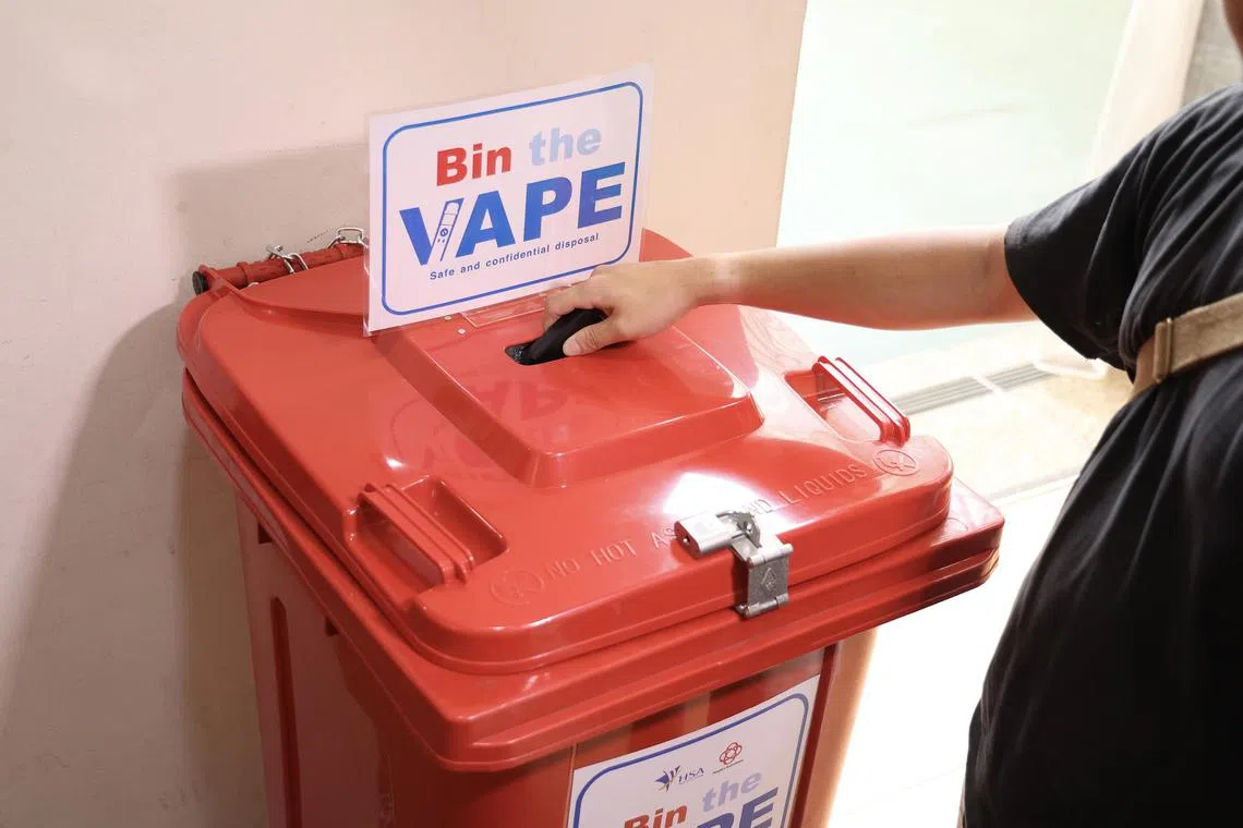 chvape25 - MOH and HSA's new initiative "Bin the Vape" installed at community centres to encourage members of the public to dispose of their vapes and related components. This is a posed picture of what would happen at Canberra CC on July 25, 2025

ST Photo: Hester Tan