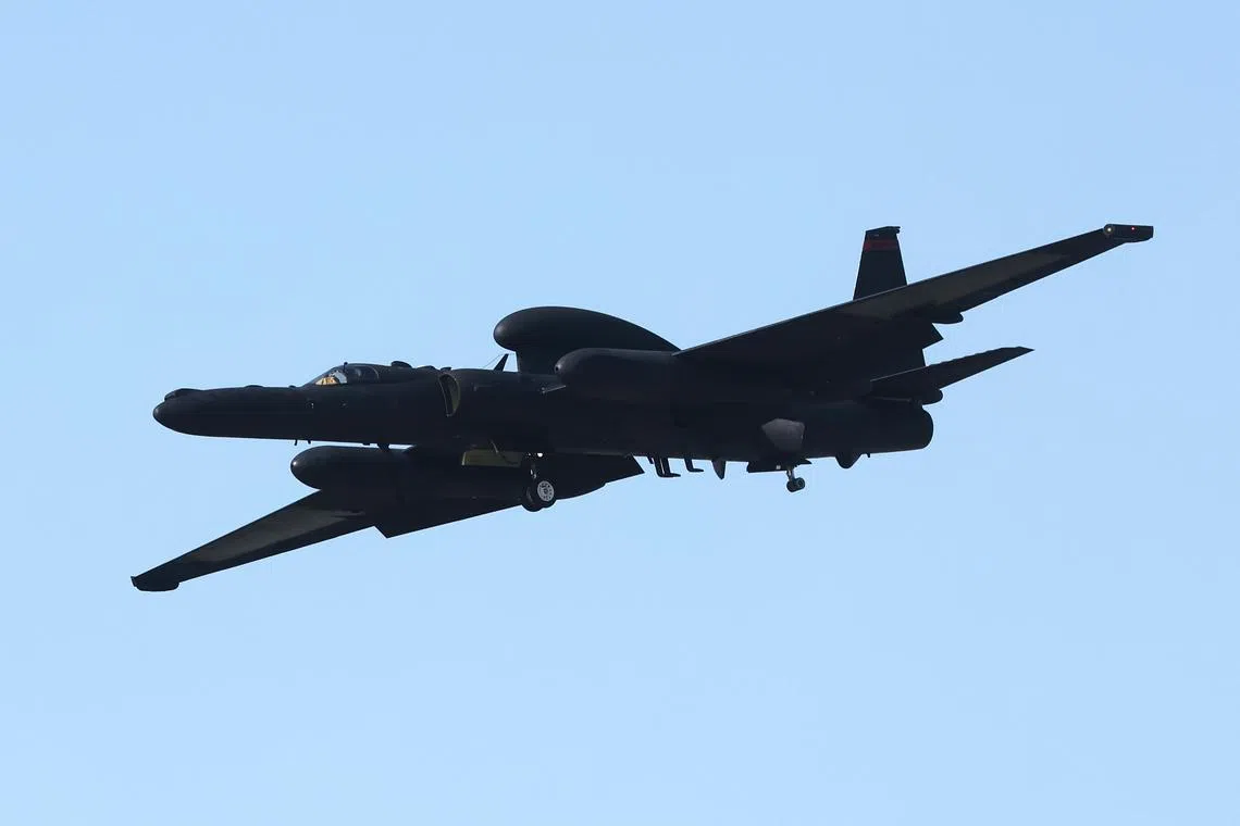 epa10737174 US high-altitude intelligence, surveillance and reconnaissance aircraft U-2S 'Dragon Lady' flies into the US Osan Air Base after a mission in Pyeongtaek, 60 kilometers south of Seoul, South Korea, 10 July 2023. On 10 July, North Korea's Defense Ministry claimed that US spy planes, such as the RC-135, the U-2S and the RQ-4B, had made 'provocative' flights over the East Sea and the Yellow Sea from 02 to 09 July by intruding in its airspace and warned that there is no guarantee that such aircraft will not be shot down.  EPA-EFE/YONHAP SOUTH KOREA OUT