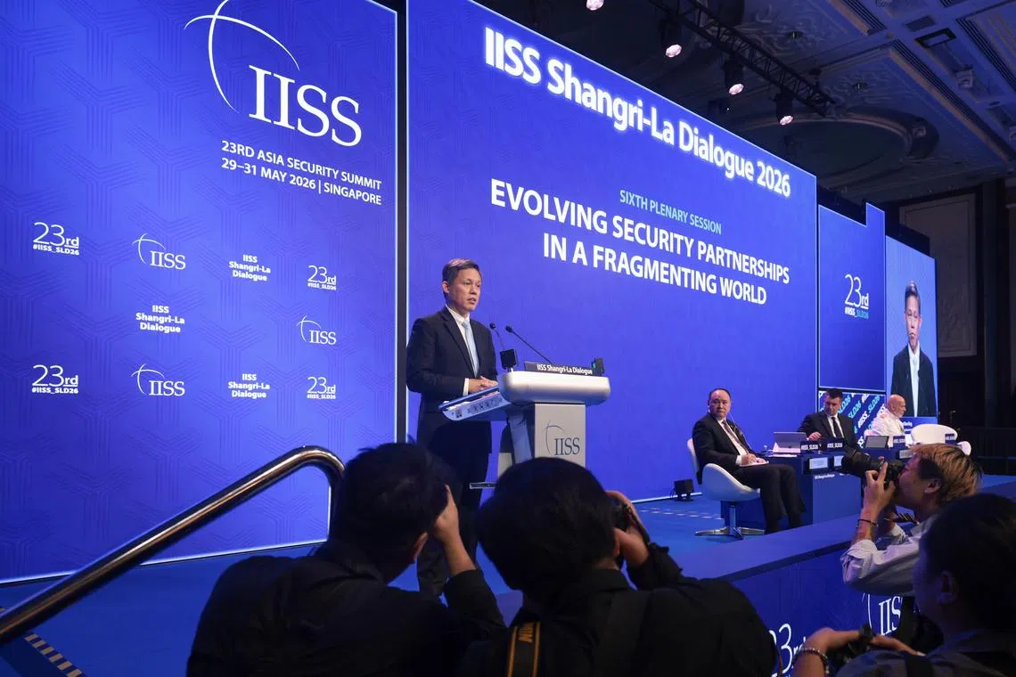Defence Minister Chan Chun Sing speaking at a Shangri-La Dialogue plenary session on May 31.