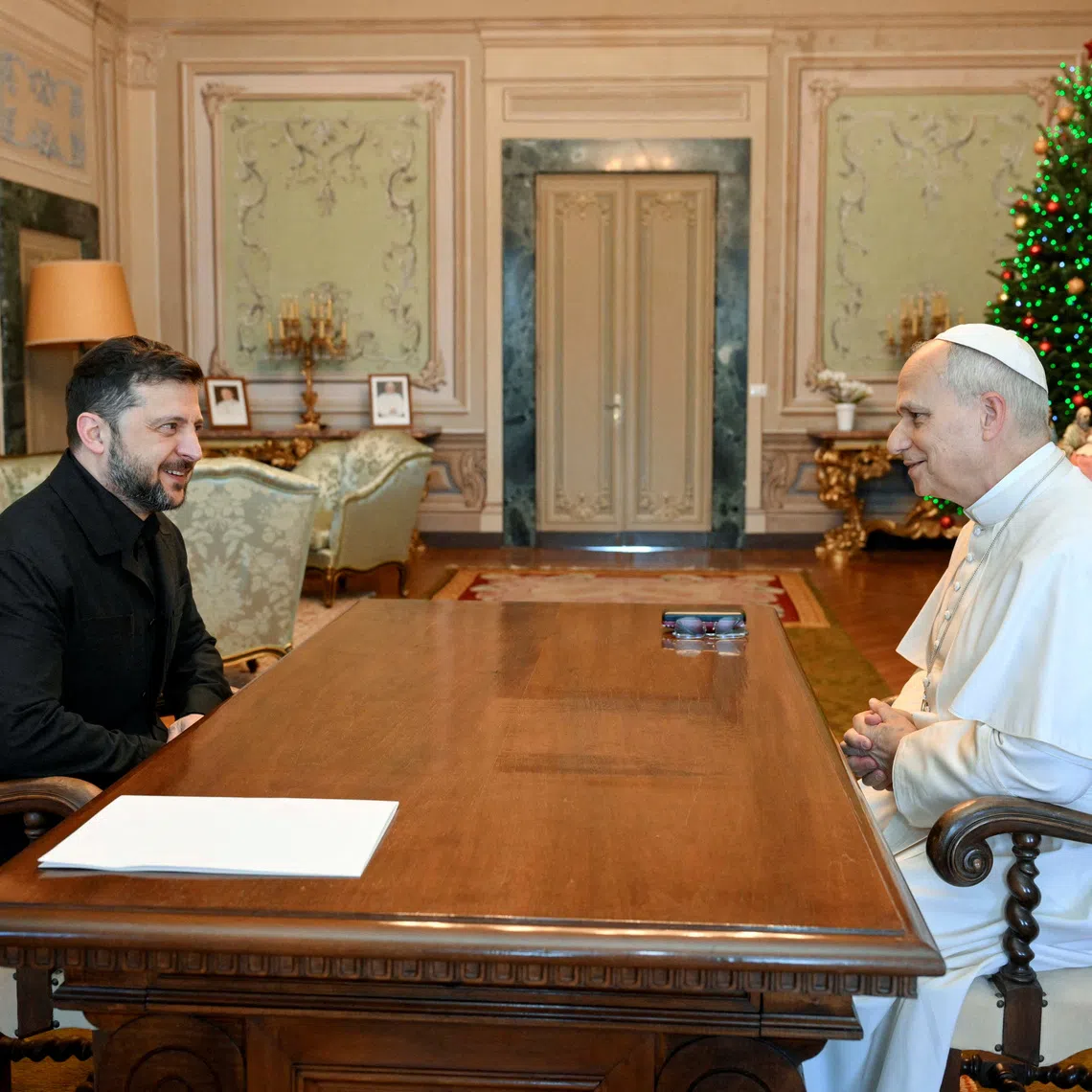 Pope Leo XIV meets Ukraine's President Volodymyr Zelensky at Villa Barberini in Castel Gandolfo, Italy, on Dec 9.
