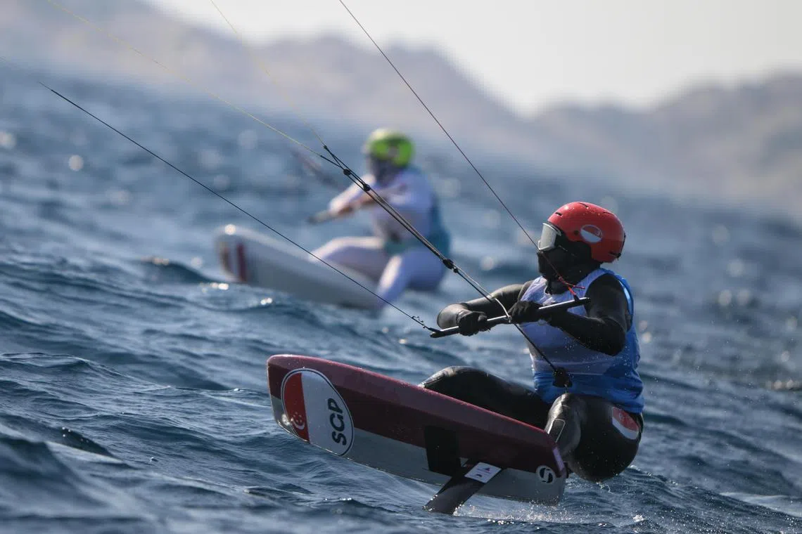 Singaporean Kitefoiler Maximilian Maeder in action during race 1 of the Paris 2024 Olympics Kite final at the Marseille Marina on August 8, 2024.