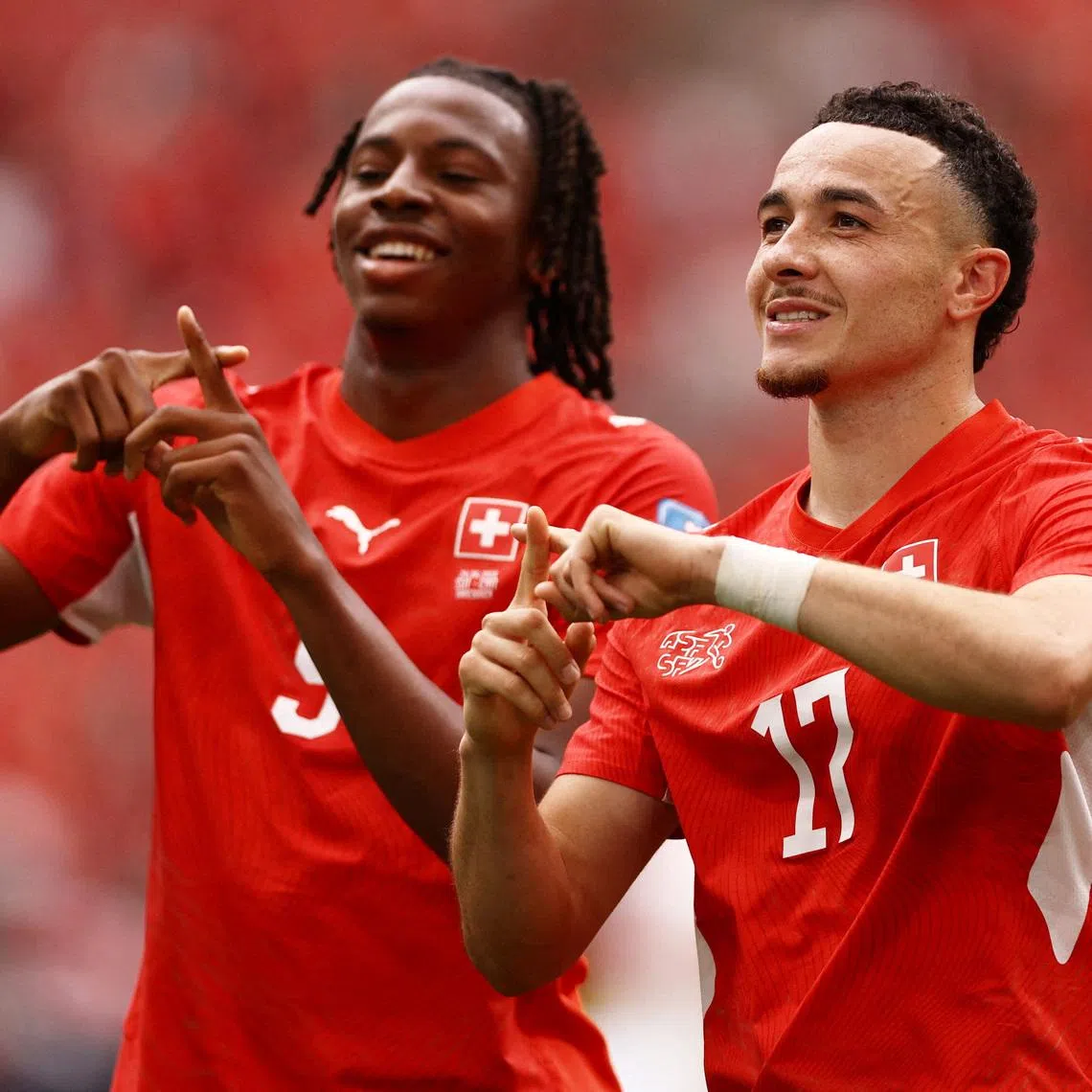 Soccer Football - FIFA World Cup 2026 - Group B - Switzerland v Canada - BC Place, Vancouver, Canada - June 24, 2026 Switzerland's Ruben Vargas celebrates scoring their first goal with Johan Manzambi REUTERS/Lee Smith