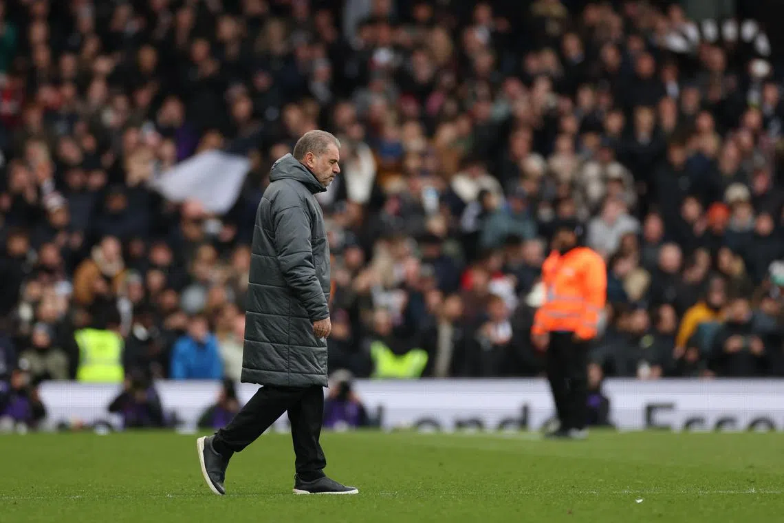 FILE PHOTO: Soccer Football - Premier League - Fulham v Tottenham Hotspur - Craven Cottage, London, Britain - March 16, 2025 Tottenham Hotspur manager Ange Postecoglou looks dejected after the match REUTERS/Isabel Infantes/File Photo