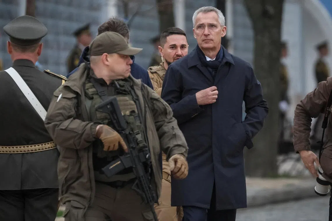 Nato Secretary-General Jens Stoltenberg visits the Wall of Remembrance to pay tribute to killed Ukrainian soldiers, amid Russia's attack on Ukraine, in Kyiv. 