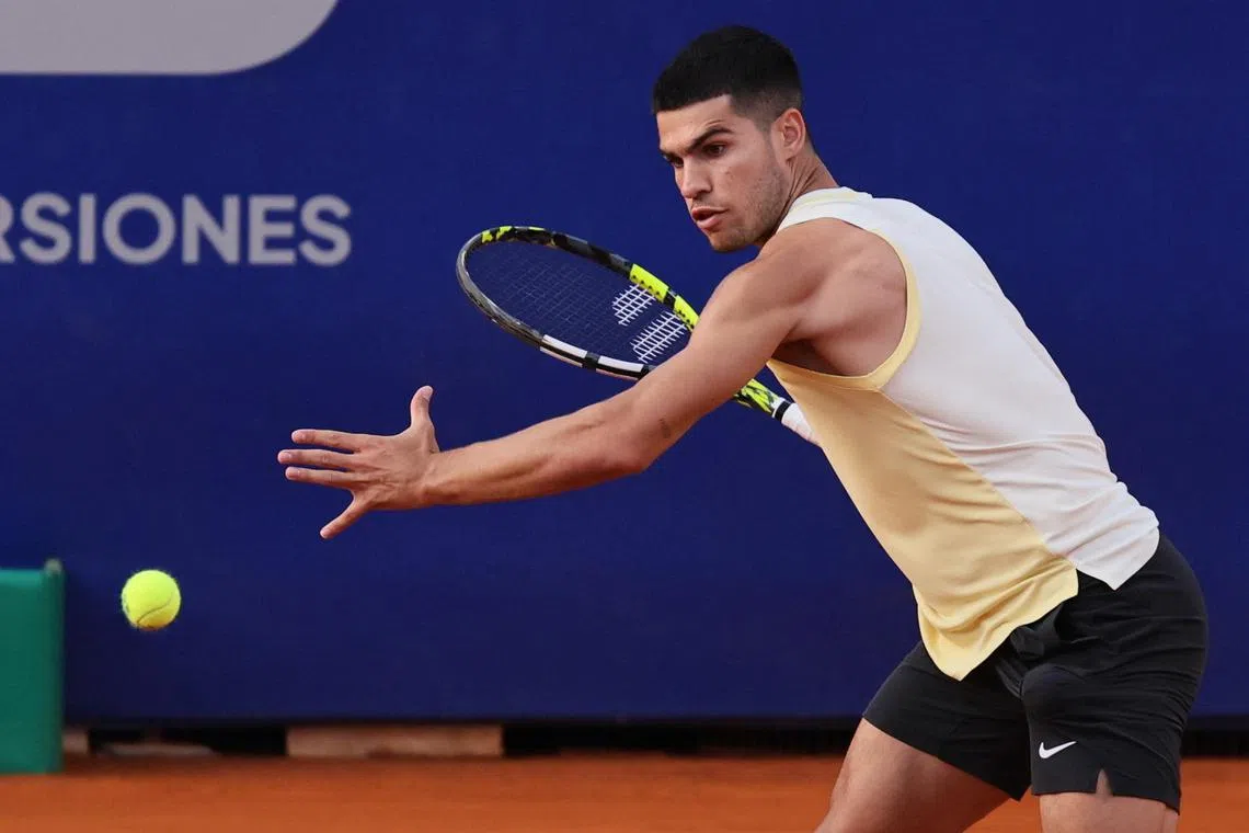 Carlos Alcaraz of Spain in action against Andrea Vavassori of Italy during a quarter-final match for the Argentina Open tennis tournament, at Guillermo Vilas court in Buenos Aires on Feb 16. The world No. 2 won 7-6 (7-1), 6-1.