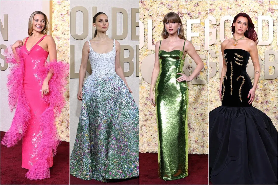 The Golden Globes' best looks featuring (from left) Margot Robbie, Natalie Portman, Taylor Swift and Dua Lipa.