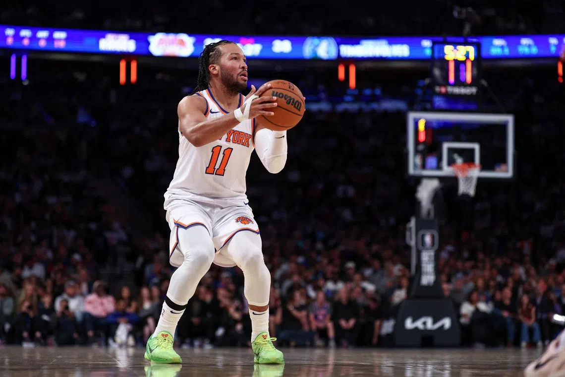 New York Knicks guard Jalen Brunson shoots the ball during the first half against the Minnesota Timberwolves at Madison Square Garden. 