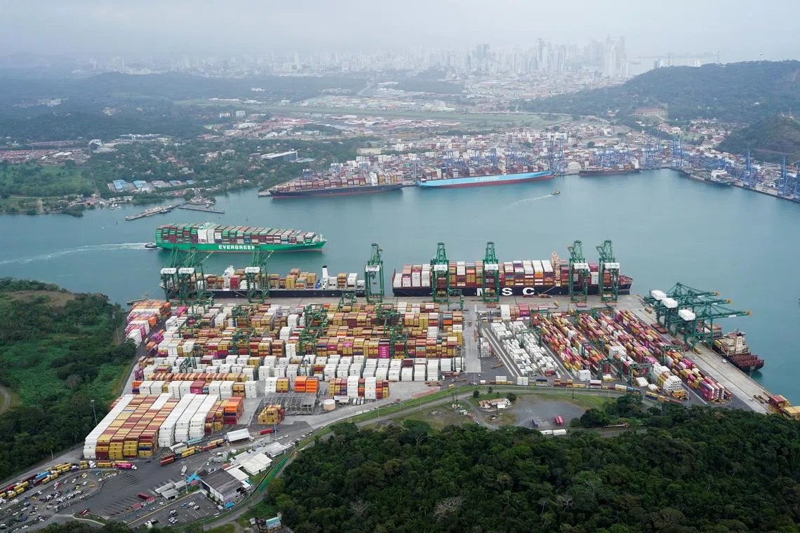 An aerial view shows containers at the Balboa Port, operated by Panama Ports Company, at the Panama Canal, in Panama City, Panama, February 1, 2025. REUTERS/Enea Lebrun