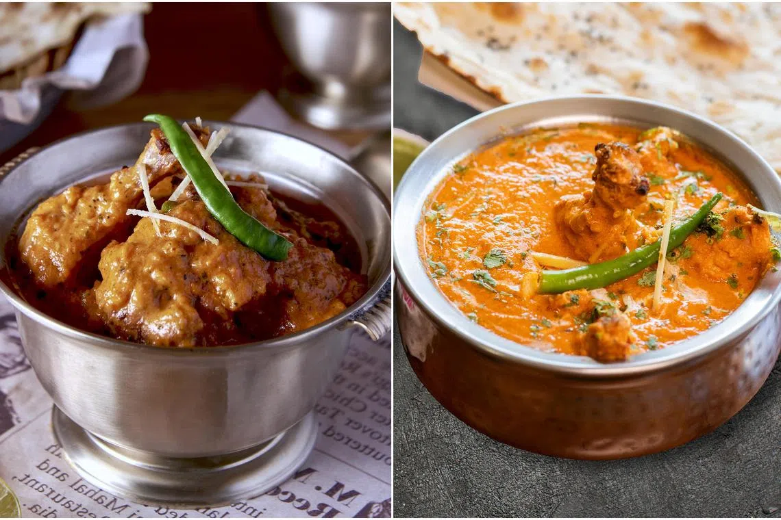 The "Original 1947 Butter Chicken" served at Daryaganj Restaurant (left) and the one served at Moti Mahal Delux, a chain launched in 2003.