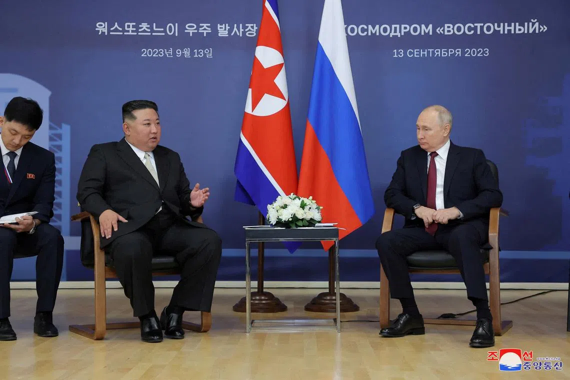 FILE PHOTO: Russia's President Vladimir Putin and North Korea's leader Kim Jong Un attend a meeting at the Vostochny Cosmodrome in the far eastern Amur region, Russia, September 13, 2023 in this image released by North Korea's Korean Central News Agency. KCNA via REUTERS/File Photo