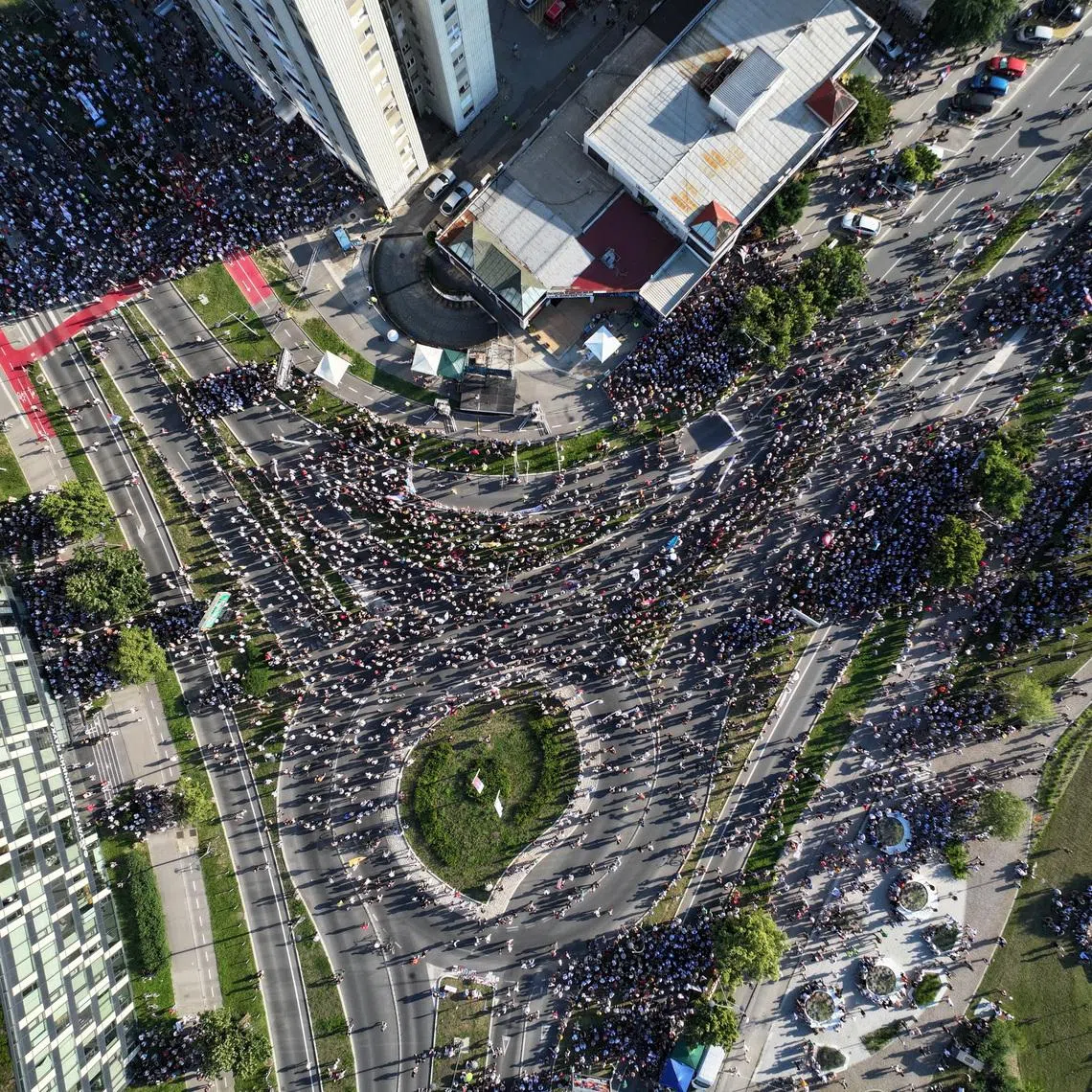 A drone view shows demonstrators attending a student-led protest seeking to maintain the momentum of a nationwide anti-government movement that emerged after the deadly collapse of the Novi Sad railway station canopy in November 2024, in Novi Sad, Serbia, June 20, 2026. REUTERS Zorana Jevtic