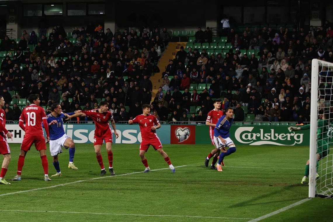 Soccer Football - World Cup - UEFA Qualifiers - Group I - Moldova v Italy - Stadionul Zimbru, Chisinau, Moldova - November 13, 2025 Italy's Francesco Pio Esposito scores their second goal REUTERS/Vladislav Culiomza