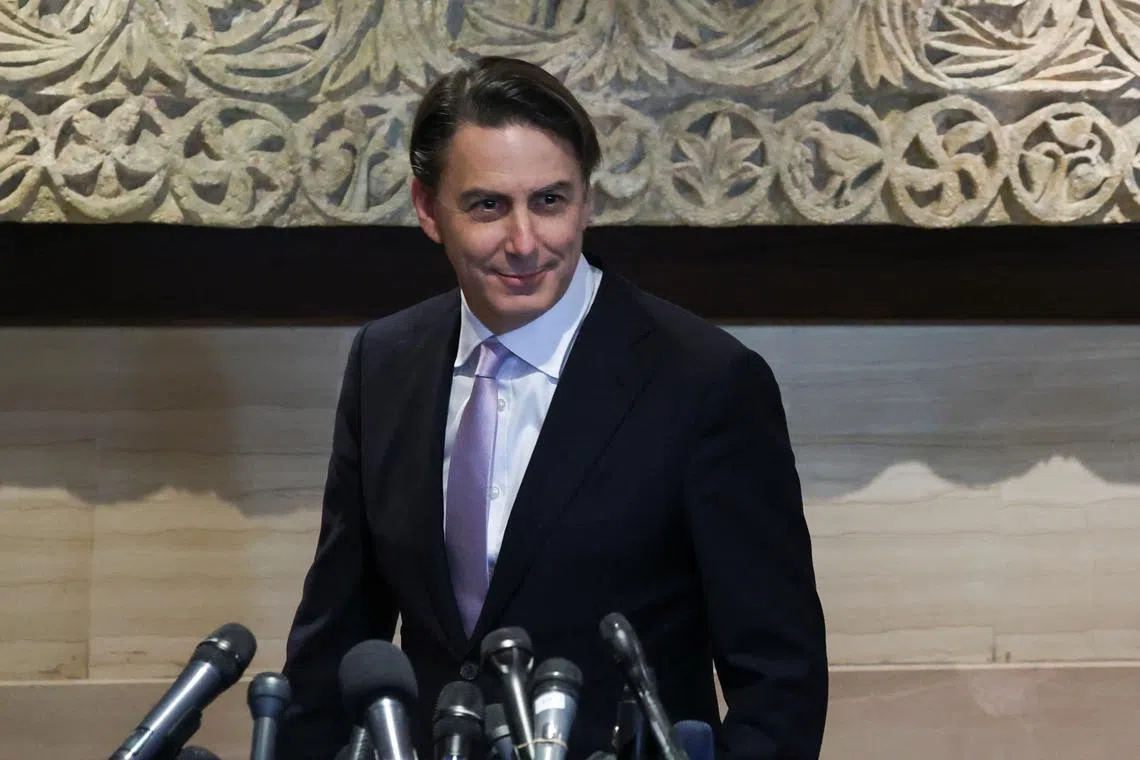 U.S. special envoy Amos Hochstein arrives to speak to the media after meeting with Lebanese Parliament Speaker Nabih Berri, in Beirut, Lebanon November 20, 2024. REUTERS/Mohamed Azakir