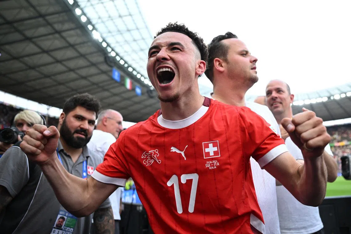 Soccer Football - Euro 2024 - Round of 16 - Switzerland v Italy - Berlin Olympiastadion, Berlin, Germany - June 29, 2024  Switzerland's Ruben Vargas celebrates after the match REUTERS/Annegret Hilse