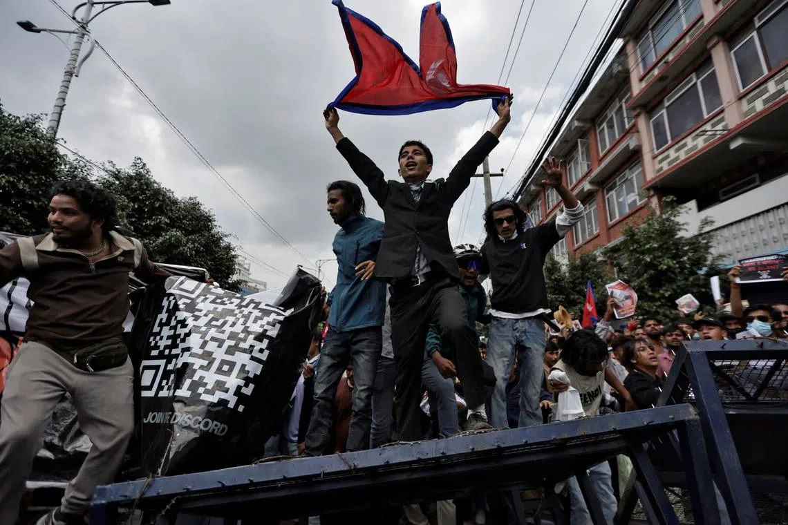 People protesting against corruption and the government’s decision to block several social media platforms in Kathmandu on Sept 8.