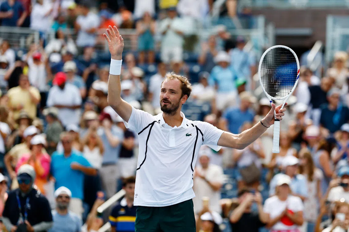 Tennis - U.S. Open - Flushing Meadows, New York, United States - September 4, 2026 Russia's Daniil Medvedev celebrates winning his third round match against France's Arthur Rinderknech REUTERS/Jeenah Moon