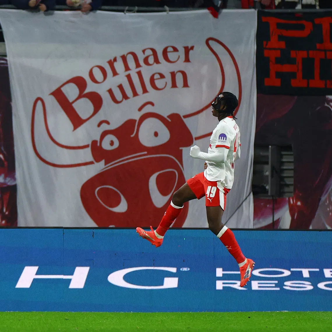 Soccer Football - Bundesliga - RB Leipzig v Eintracht Frankfurt - Red Bull Arena, Leipzig, Germany - December 6, 2025 RB Leipzig's Yan Diomande celebrates scoring their third goal REUTERS/Lisi Niesner