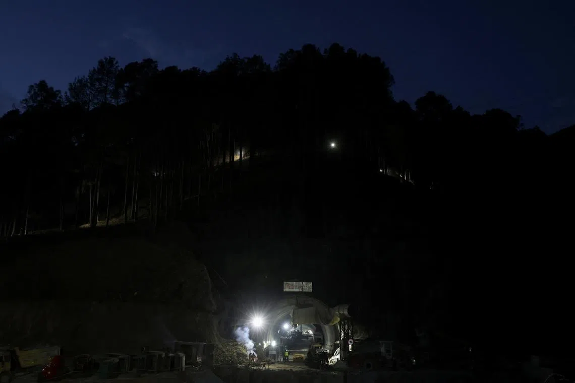 Rescue operations continuing into the evening, where workers got trapped in a tunnel construction collapse in Uttarkashi, northern state of Uttarakhand, India, Nov 27, 2023. 