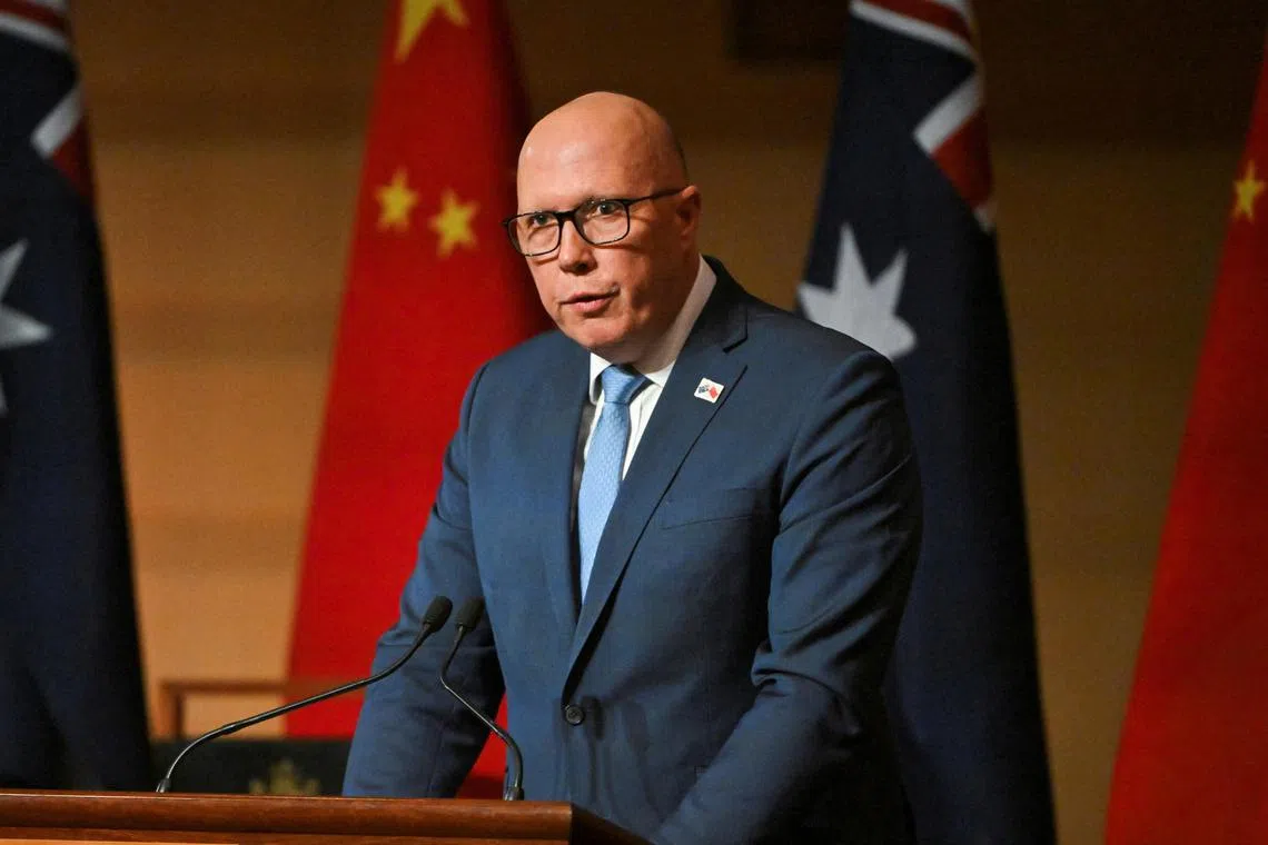 Leader of the Opposition Peter Dutton speaks at a luncheon for China’s Premier Li Qiang at Parliament House in Canberra, Australia, June 17, 2024.    Mick Tsikas/Pool via REUTERS
