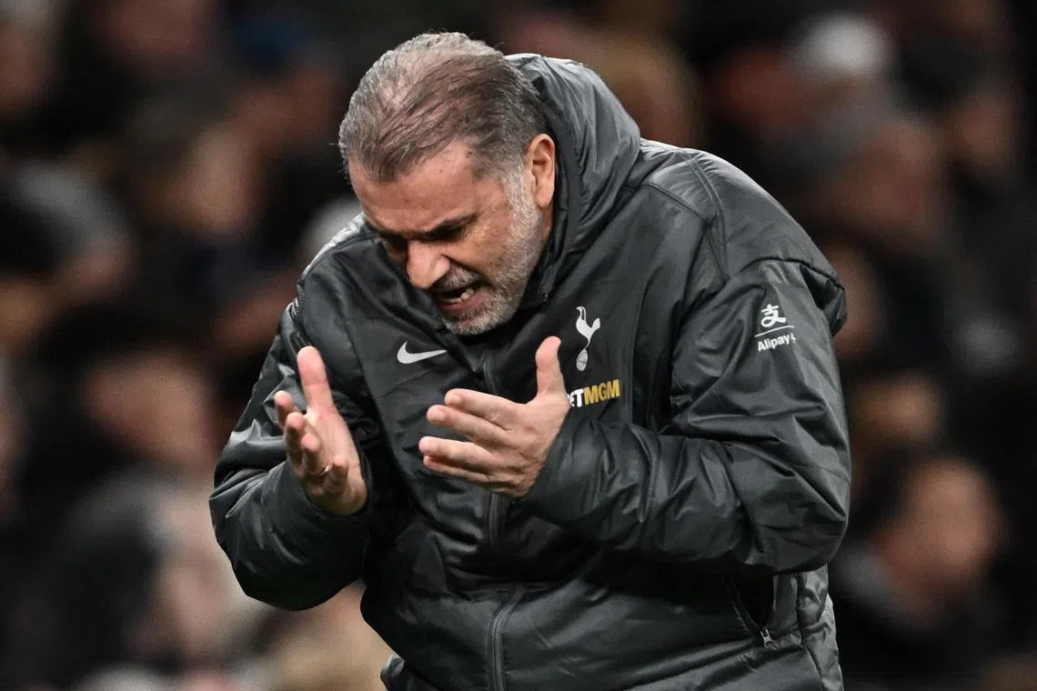 Soccer Football - Carabao Cup - Quarter Final - Tottenham Hotspur v Manchester United - Tottenham Hotspur Stadium, London, Britain - December 19, 2024
Tottenham Hotspur manager Ange Postecoglou reacts REUTERS/Dylan Martinez EDITORIAL USE ONLY. NO USE WITH UNAUTHORIZED AUDIO, VIDEO, DATA, FIXTURE LISTS, CLUB/LEAGUE LOGOS OR 'LIVE' SERVICES. ONLINE IN-MATCH USE LIMITED TO 120 IMAGES, NO VIDEO EMULATION. NO USE IN BETTING, GAMES OR SINGLE CLUB/LEAGUE/PLAYER PUBLICATIONS. PLEASE CONTACT YOUR ACCOUNT REPRESENTATIVE FOR FURTHER DETAILS..