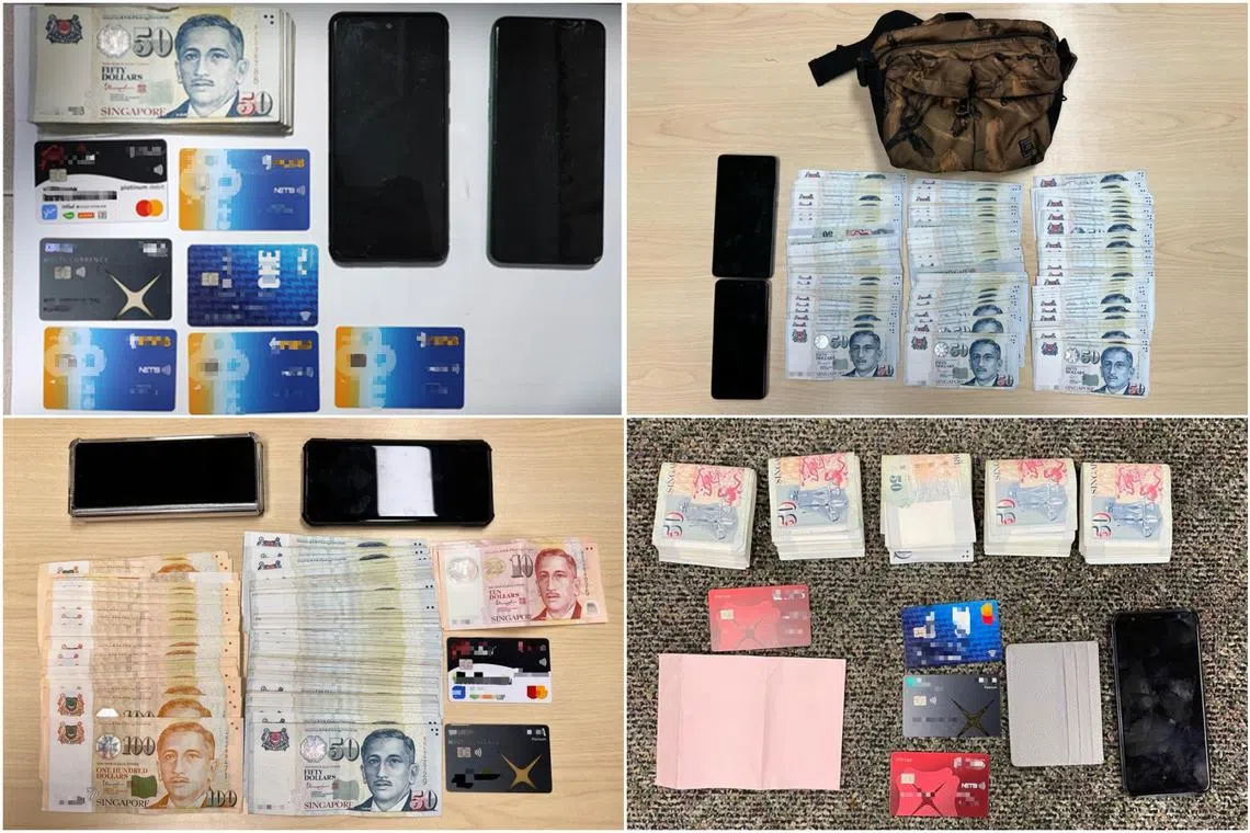 Cash, mobile phones and ATM cards that were seized by the police during the two-day operation.