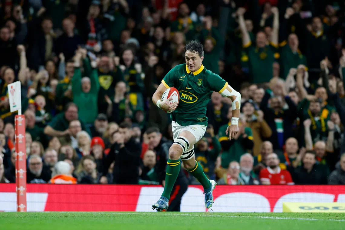 Rugby Union - Autumn Internationals - Wales v South Africa - Principality Stadium, Cardiff, Wales, Britain - November 23, 2024 South Africa's Franco Mostert scores their first try Action Images via Reuters/Peter Cziborra