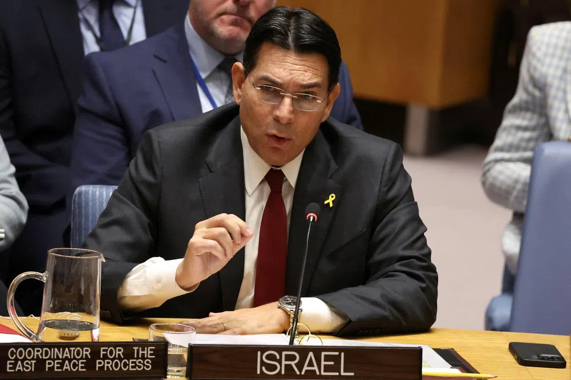FILE PHOTO: Israel's Ambassador Danny Danon addresses the UN Security Council meeting on the situation in Gaza, at U.N. headquarters in New York City, U.S., November 18, 2024.  REUTERS/Brendan McDermid/File Photo