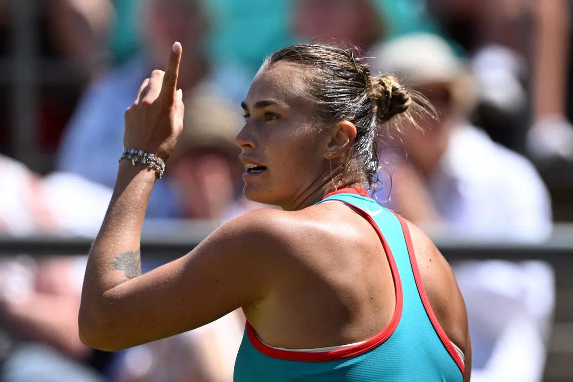 Tennis - Berlin Tennis Open - Steffi Graf Stadium, Berlin, Germany - June 21, 2025 Belarus' Aryna Sabalenka reacts during her semi final match against Czech Republic's Marketa Vondrousova REUTERS/Annegret Hilse