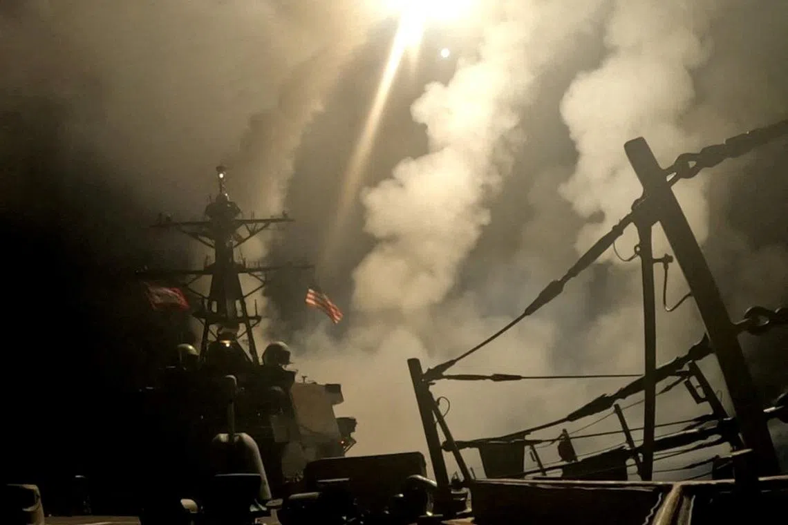 FILE PHOTO: A ship fires missiles at an undisclosed location, after U.S. President Donald Trump launched military strikes against Yemen's Iran-aligned Houthis on Saturday over the group's attacks against Red Sea shipping, in this screengrab obtained from a handout video released on March 15, 2025. U.S. Central Command/Handout via REUTERS/File Photo