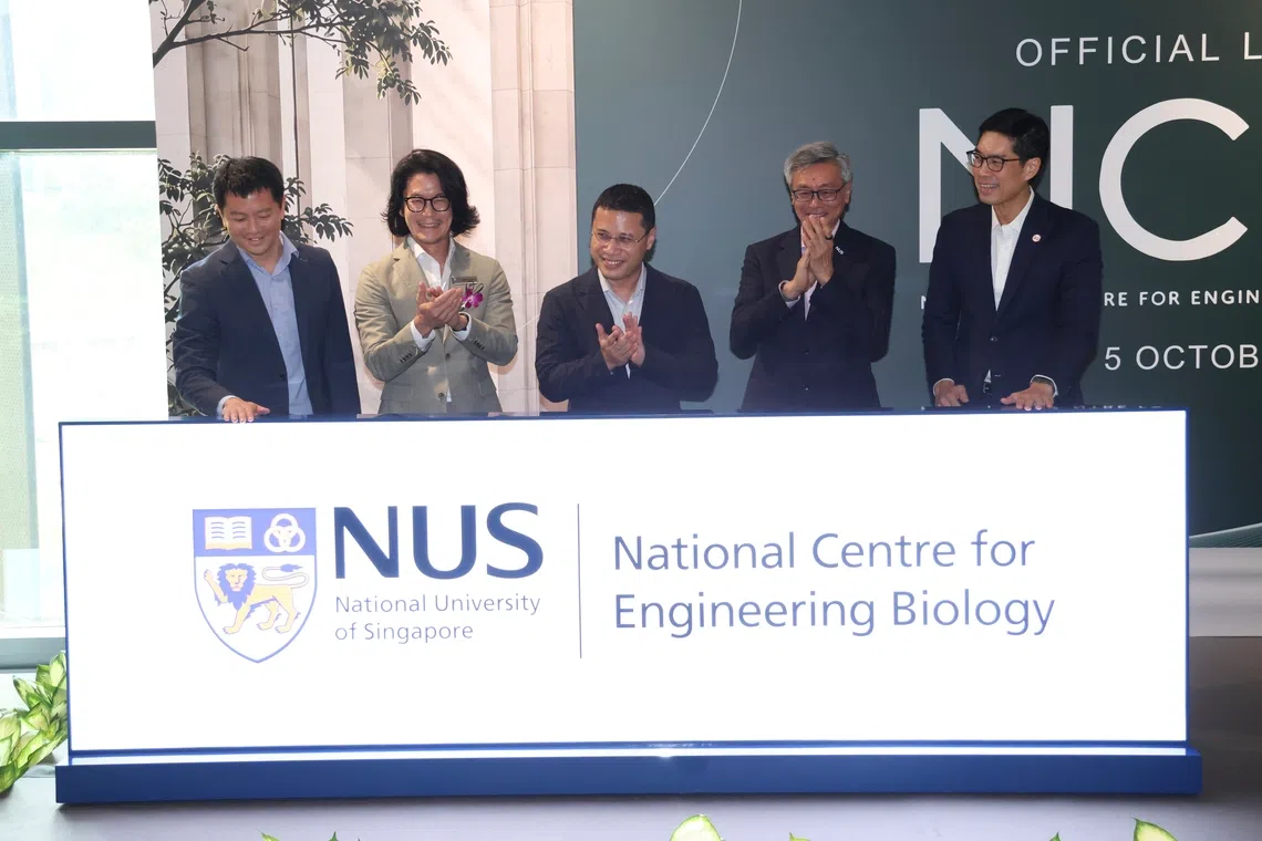 (From left) Tan Wee Chee, Deputy Chief Executive of the National Research Foundation; Zhang Xu, Executive Director of the Centre for Synthetic Biology and Director of the Synthetic Biology R&D Programme at NUS; Desmond Lee, Minister for Education; Tan Eng Chye, President of NUS; and Beh Swan Gin, Chairman of EDB, at the launch of the National Centre for Engineering Biology.