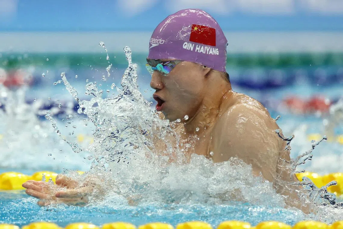 Asian Games - Hangzhou 2022 - Swimming - Sports Centre Aquatic Sports Arena Hangzhou, China - September 29, 2023
China's Qin Haiyang in action during the  Men's 50m Breaststroke Final REUTERS/Marko Djurica