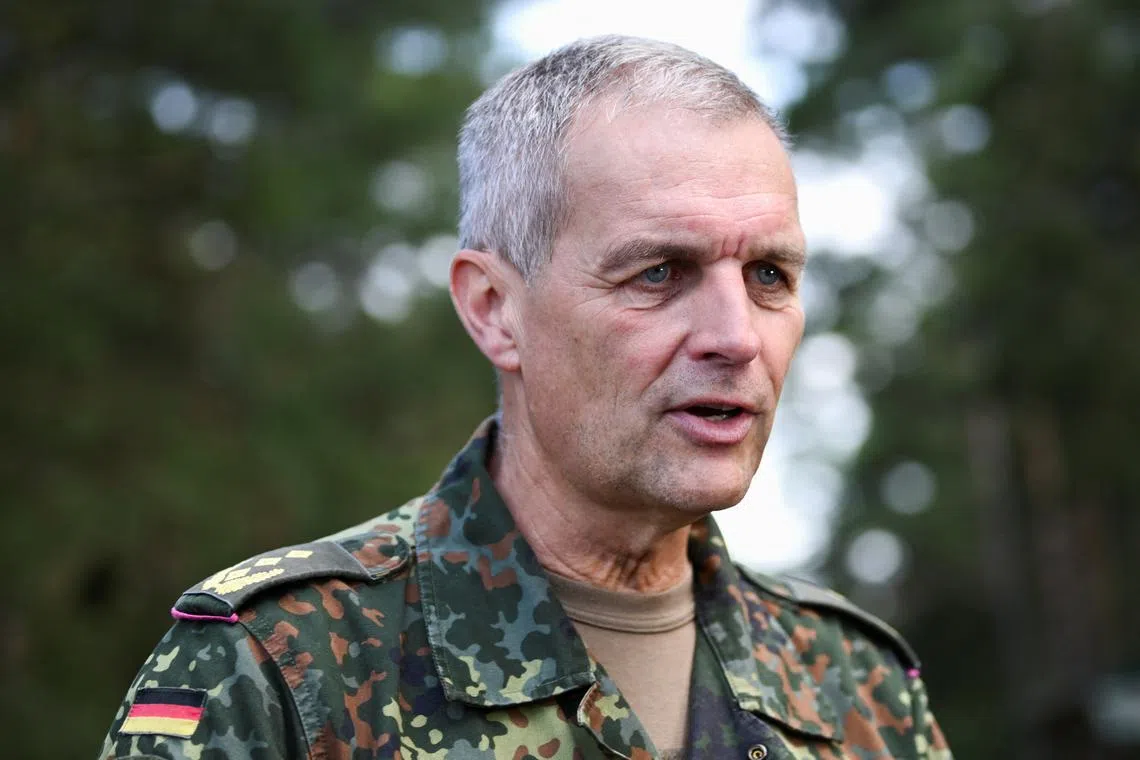 FILE PHOTO: Lieutenant General Andreas Marlow, head of the German Elements MN Corps/Basic Military Organisation at Strausberg, speaks during a media day of the European Union Military Assistance Mission in support of Ukraine (EUMAM Ukraine) in Klietz, Germany August 17, 2023. REUTERS/Annegret Hilse/File Photo