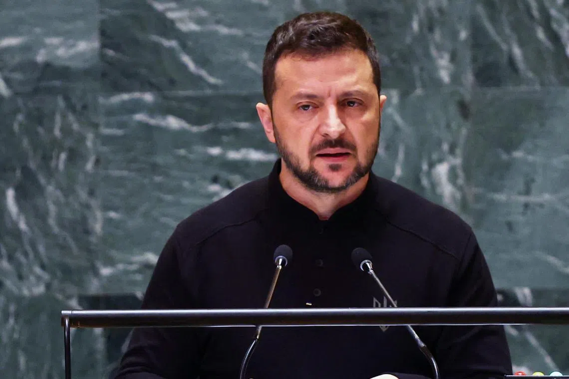 Ukrainian President Volodymyr Zelensky addressing world leaders at the UN General Assembly, on Sept 25.