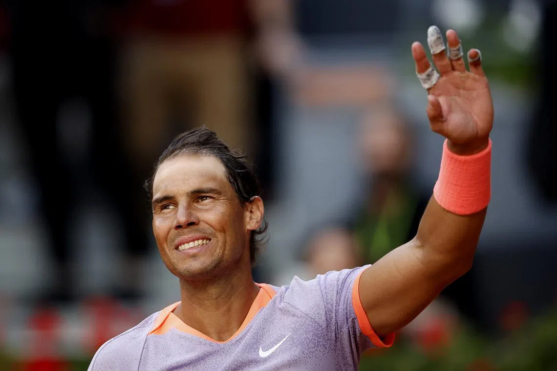 Tennis - Madrid Open - Park Manzanares, Madrid, Spain - April 25, 2024 Spain's Rafael Nadal celebrates winning his round of 128 match against Darwin Blanch of the U.S. REUTERS/Juan Medina