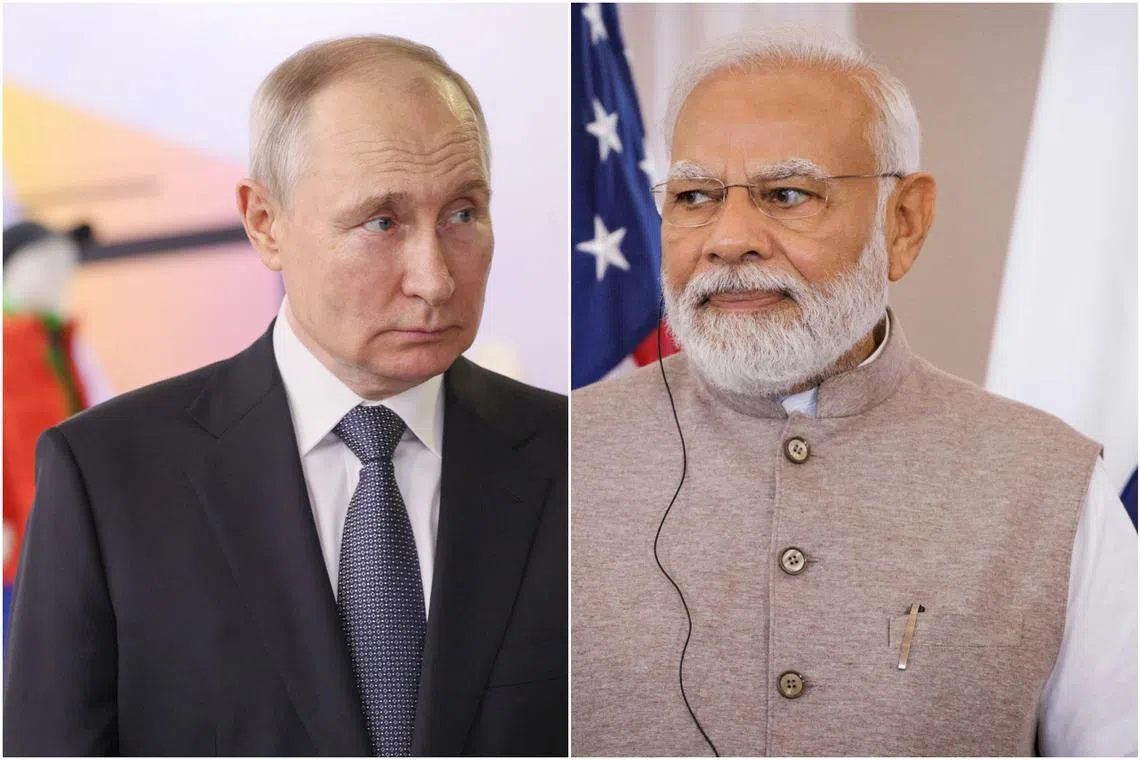 Mr Vladimir Putin (left) informed Mr Narendra Modi about the recent developments in Russia during their conversation.