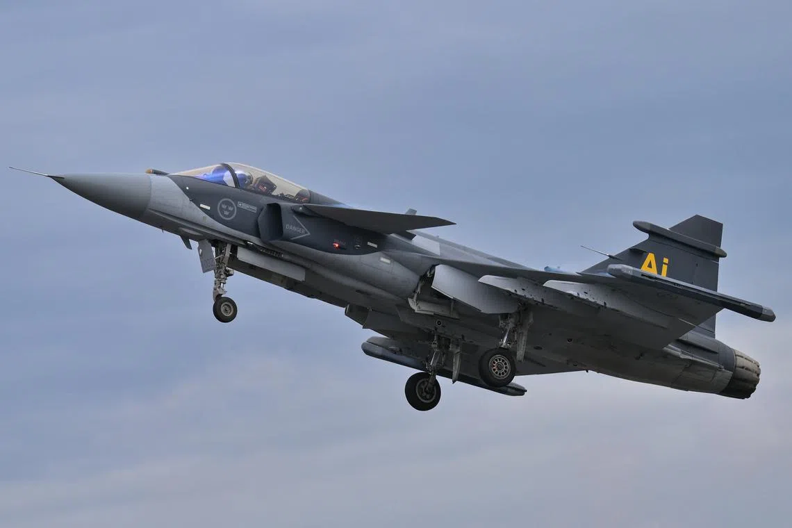 A Saab JAS-39E Gripen participates in the Royal International Air Tattoo at RAF Fairford in Gloucestershire, England, on July 19, 2025. (Photo by Jon Hobley | MI News/NurPhoto)NO USE FRANCE