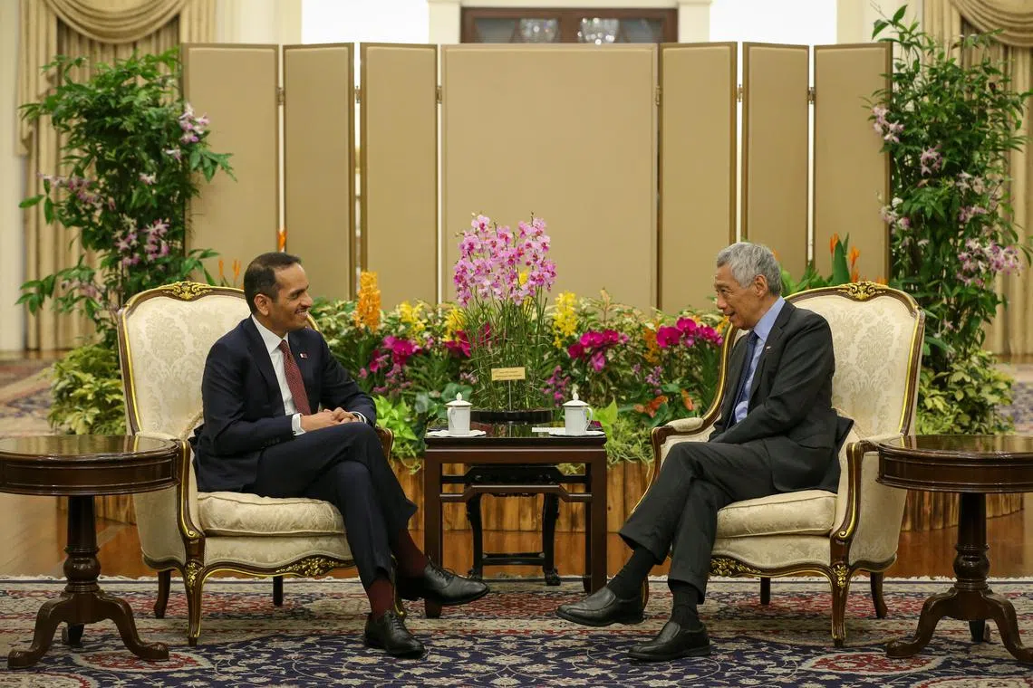 Qatar PM Sheikh Mohammed (left) and Singapore PM Lee Hsien Loong at The Istana on Aug 24, 2023.