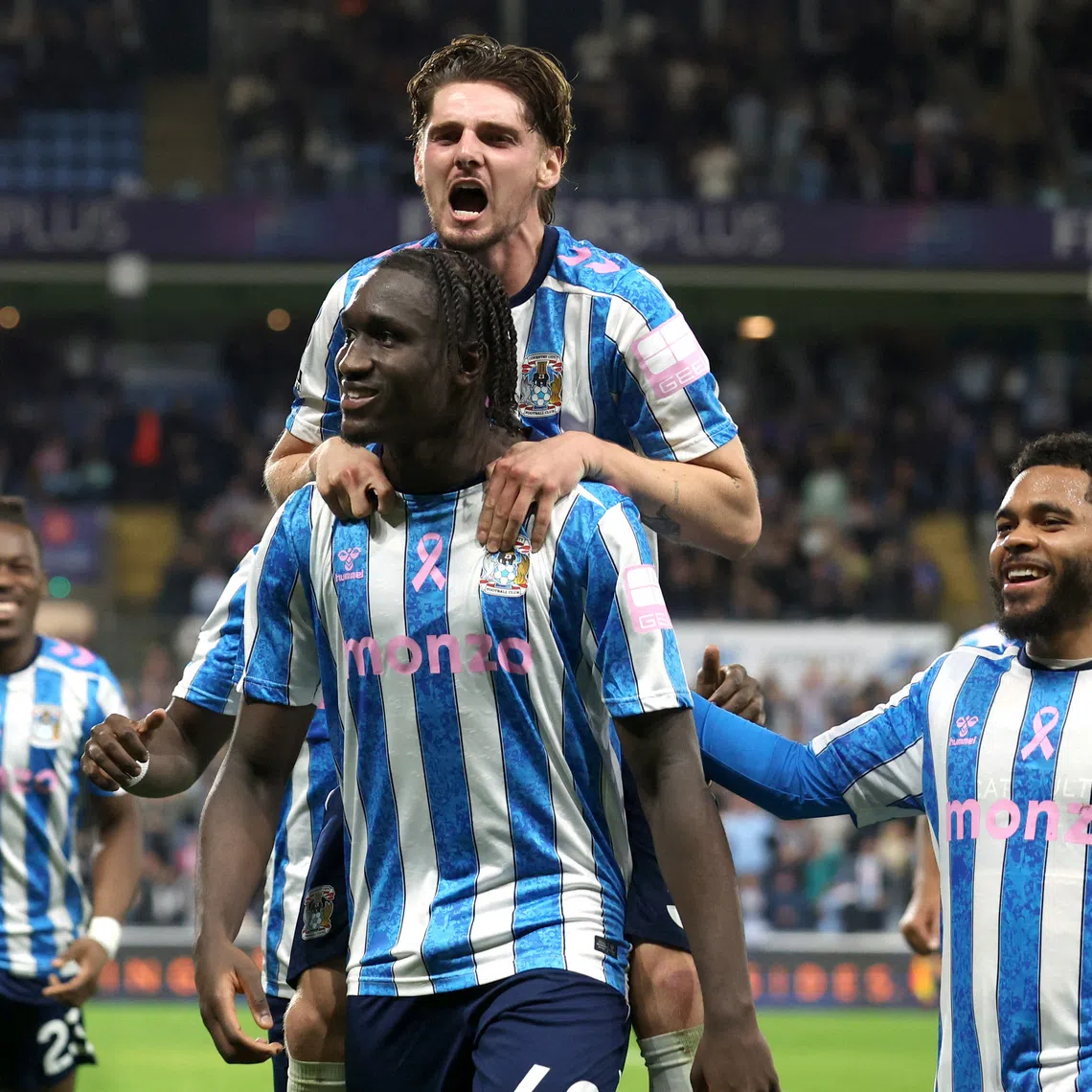 Coventry City’s Sidiki Cherif celebrates scoring their second goal against Newcastle United with Jack Rudoni on Oct 12.