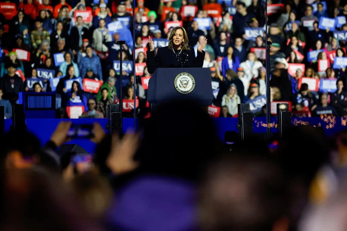 Democratic presidential nominee U.S. Vice President Kamala speaks during a campaign rally, in Philadelphia, Pennsylvania, U.S., November 4, 2024. REUTERS/Rachel Wisniewski/File Photo